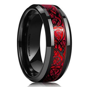 Men's Tungsten Wedding Band 8mm. Celtic Wedding Bands Red Resin Inlay Black Ring